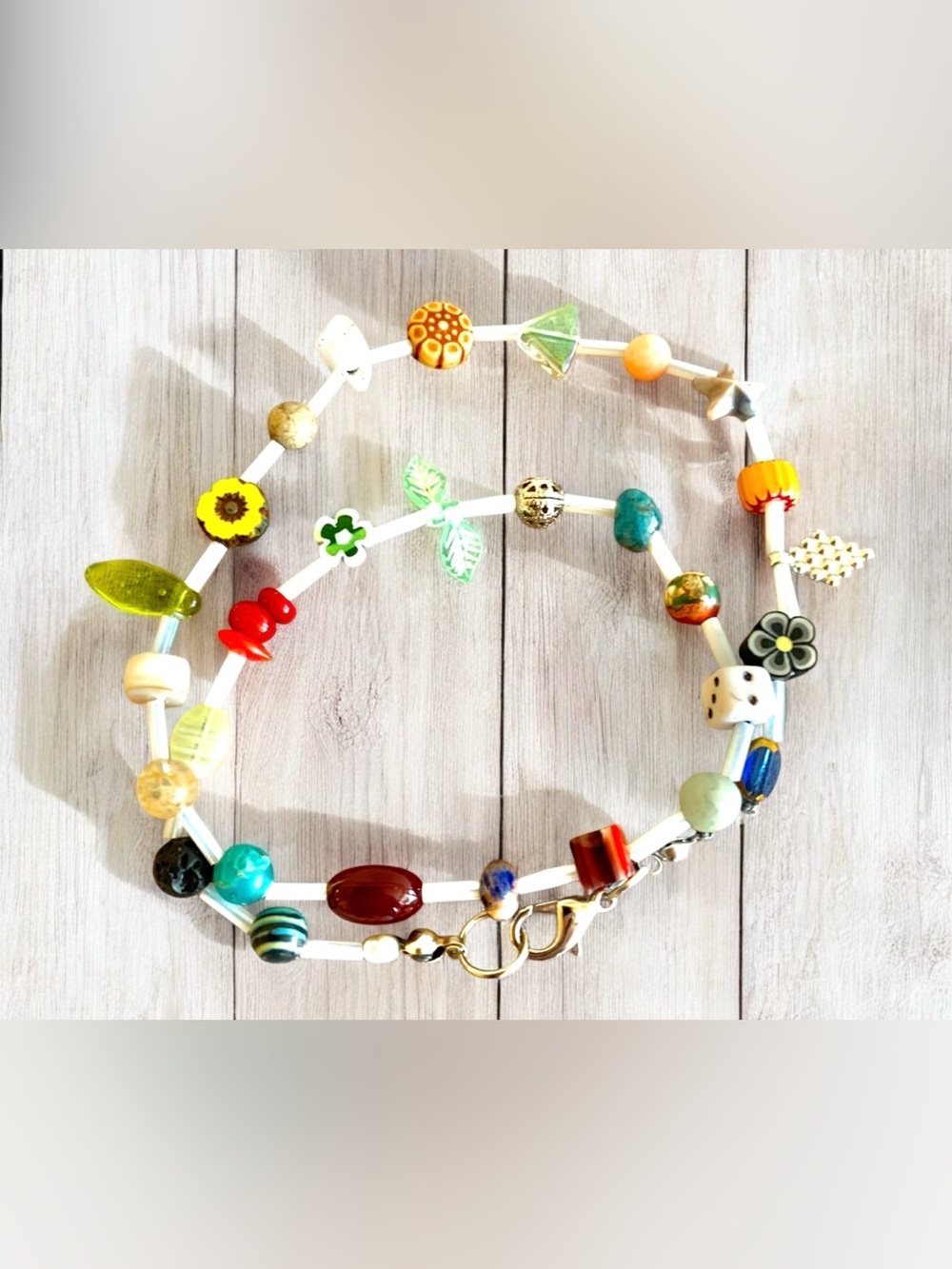 Handmade beaded necklace with eclectic mix of stone,  glass and crystal beads